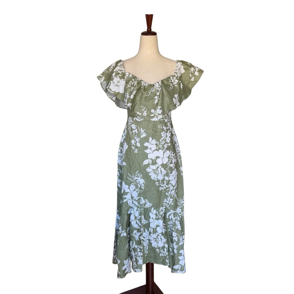 Reformation Baela Ruffle Off The Shoulder Linen Midi Dress in Willow sz 2 New